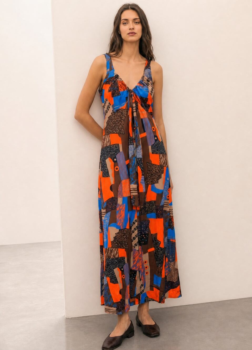 Maxi Dress 1970s Funky Handmade Faux Patchwork Women s Damaged Orange Blue SZ S